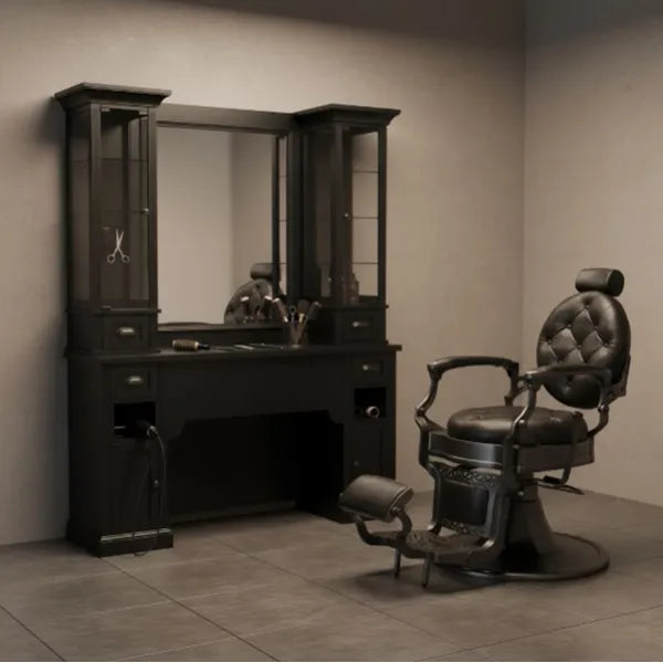 1x Barber stuhl Clint in Schwarz – 1x Friseur Bedienplatz 2B William - Tiptop - Einrichtung