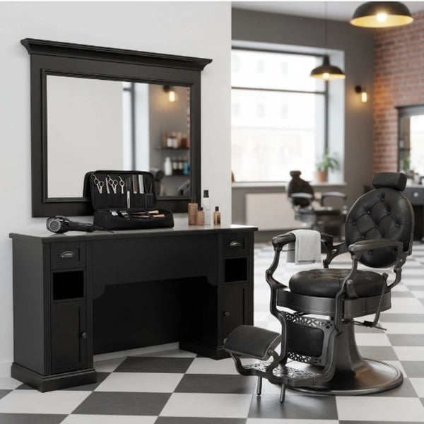 1x Barber stuhl Clint in Schwarz – 1x Friseur Bedienplatz 4B William - Tiptop - Einrichtung