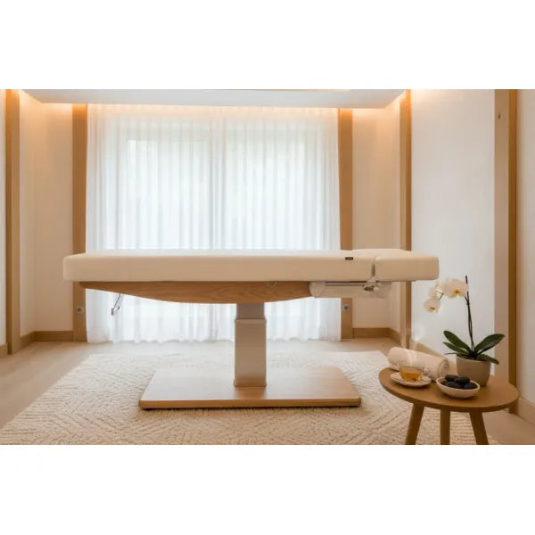 Elektrische Massageliege mit Heizfunktion und LED, 3 Motoren, Fernbedienung, Sockel aus Naturmassivholz im Wellnessraum