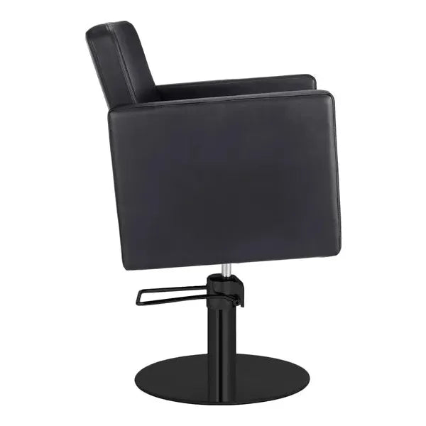 Friseurstuhl in eleganter Schwarz-Farbe, Luxuriöser Friseur stuhl Dora mit feuerhemmendem PVC-Polyleder für höchsten Komfort.