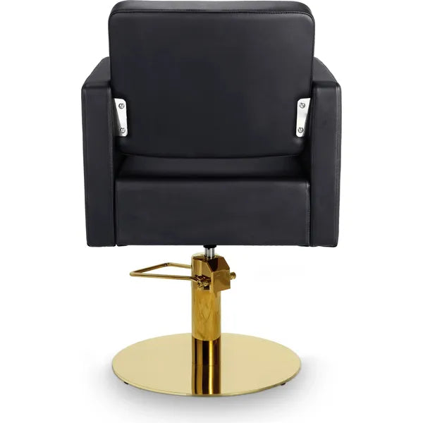 Friseurstuhl in eleganter Schwarz-Farbe, Luxuriöser Friseur stuhl Dora mit hochwertigem, feuerhemmendem PVC-Polyleder.