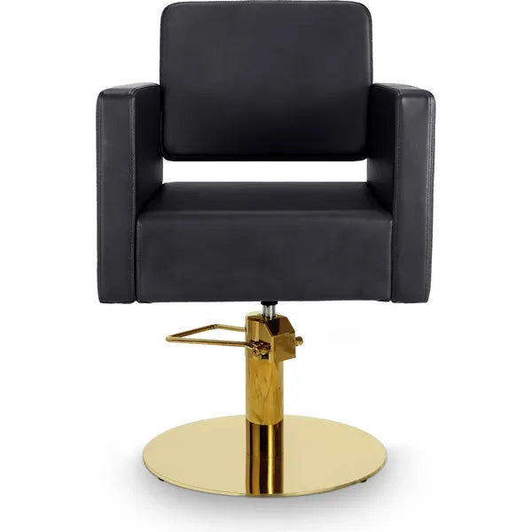 Friseurstuhl in eleganter Schwarz-Farbe, Luxuriöser Friseur stuhl Dora mit hochwertigem PVC-Polyleder und Metallstruktur.
