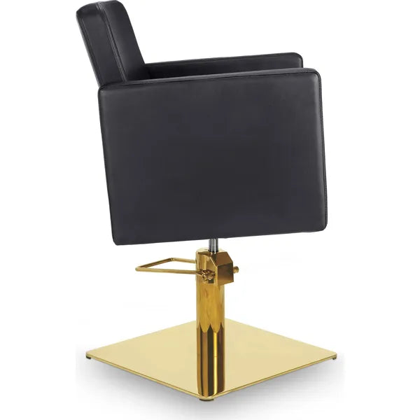Friseurstuhl in eleganter Schwarz-Farbe, Luxuriöser Friseur stuhl Dora mit feuerhemmendem PVC und stabiler Metallstruktur.