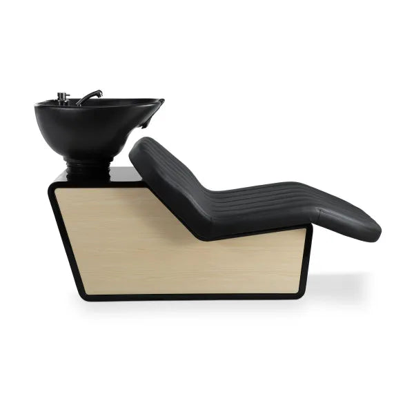 Modernes Friseurwaschbecken mit Rückwärtsschale, schwarzem Keramikbecken und holzverkleidetem Gestell für Salons.