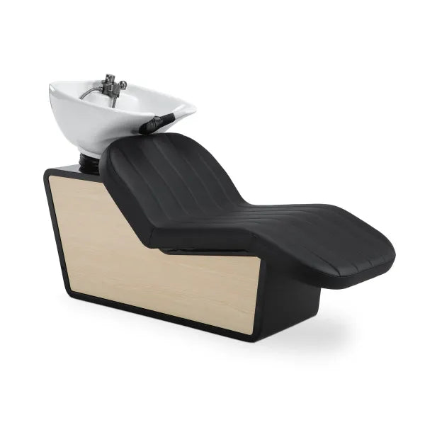  Moderna Friseurwasch躺椅 mit Keramikbecken, schwarzem Polster und Holzoptik Basis für Salon und Barber Shop.
