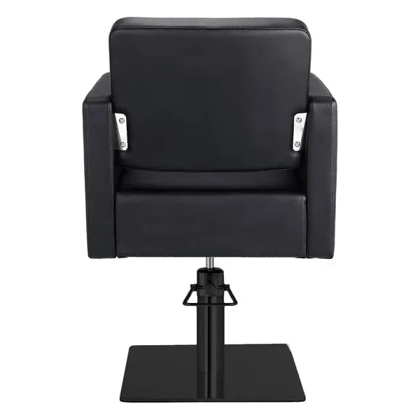Friseurstuhl in eleganter Schwarz-Farbe, Luxuriöser Friseur stuhl Dora mit hochwertigem PVC-Polyleder und stabiler Metallstruktur.