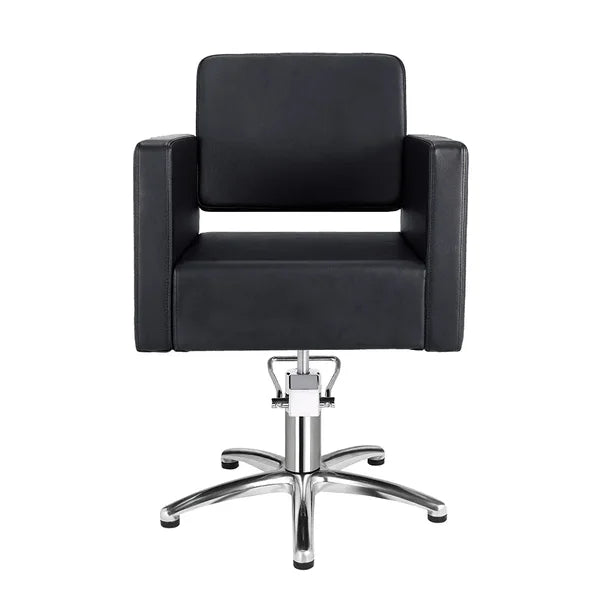 Friseurstuhl in eleganter Schwarz-Farbe, Luxuriöser Friseur stuhl Dora mit hochwertigem PVC-Polyleder für Salons.