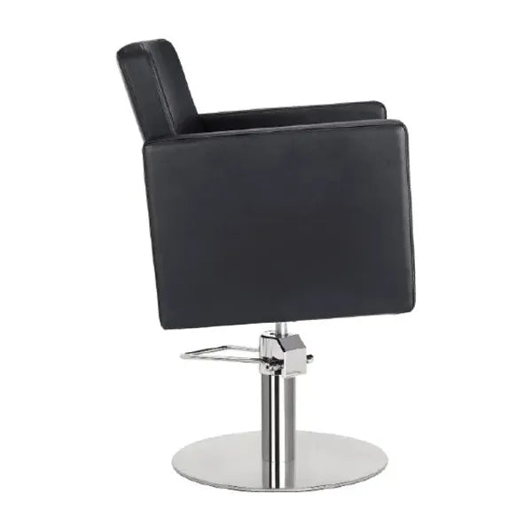Friseurstuhl in eleganter Schwarz-Farbe, Luxuriöser Friseur stuhl Dora, hochwertiges PVC-Polyleder und Metallstruktur.