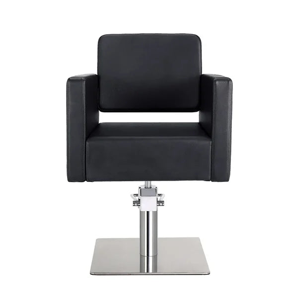 Friseurstuhl in eleganter Schwarz-Farbe, Luxuriöser Friseur stuhl Dora mit feuerhemmendem PVC-Polyleder und Metallstruktur.