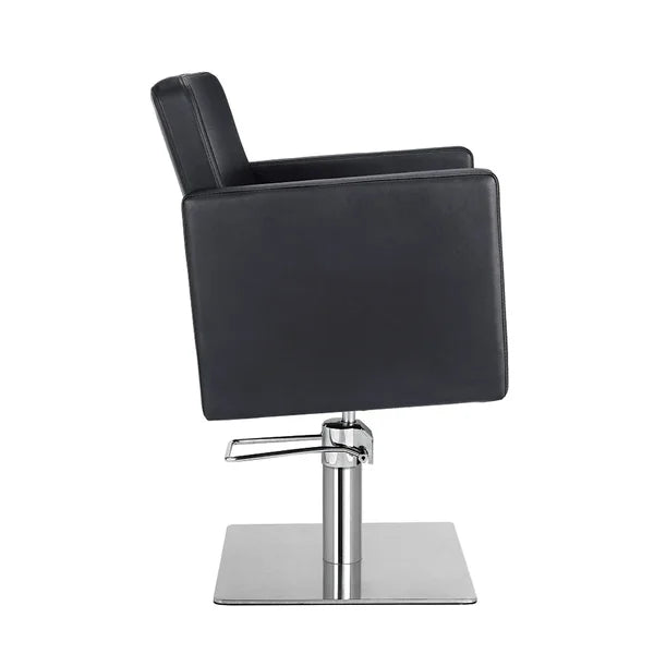 Friseurstuhl in eleganter Schwarz-Farbe, Luxuriöser Friseur stuhl Dora mit hochwertigem PVC-Polyleder und stabiler Metallstruktur.