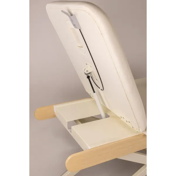 DRACO electric cosmetic bed, professional spa and massage bed with one motor, cream upholstery and wooden armrests.