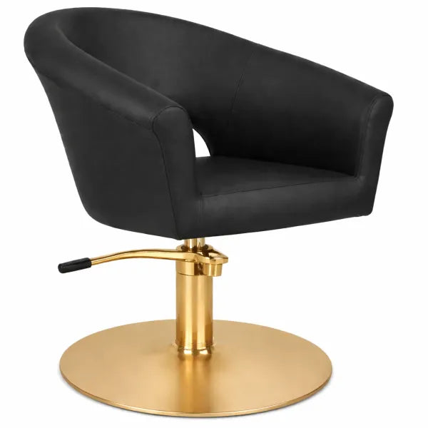Friseurstuhl Cosmo: schwarzer Luxus-Salonstuhl mit goldener Rundbasis und Hebel zur Höhenverstellung.
