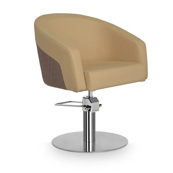 Hydraulischer Friseurstuhl in Beige mit Armlehnen, braunem Diamantenmuster und Chrom-Satz für den Salon.