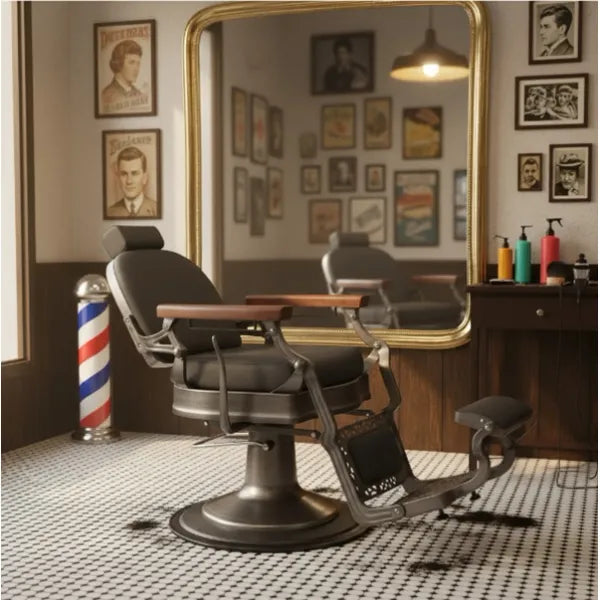 Eleganter Barber stuhl in Schwarz, Herren Friseurstuhl Flek, ideal für jeden Barbershop. Hochwertige Verarbeitung.