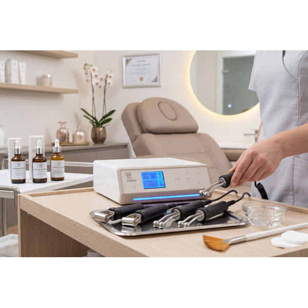 BEQUIPMENT 313B galvanic facial device with infusion, rotary brush, and assorted treatment wands.