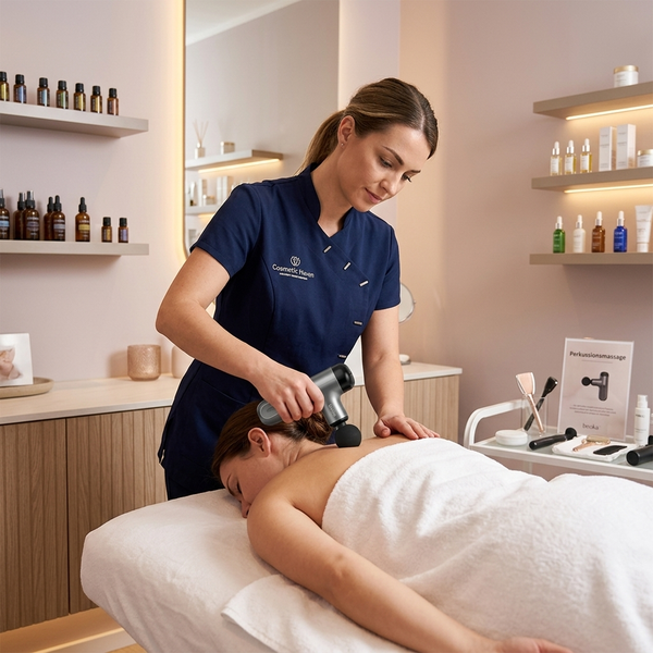 Therapeutin nutzt Massagepistole CUTE X für Tiefengewebsmassage am Rücken einer Kundin im Spa