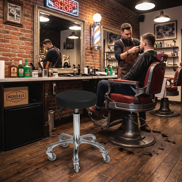 Rollhocker MOTION, höhenverstellbar, PU-Sitz, Aluminium-Fußkreuz – ergonomischer Friseursalonstuhl.