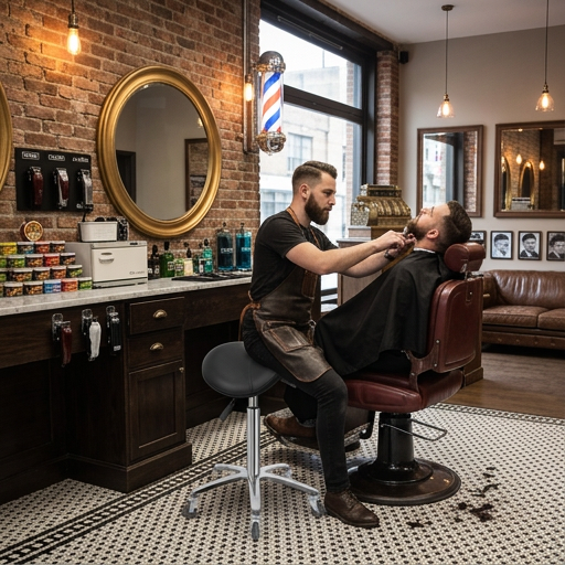 Friseur bedient Kunde mit Sattelhocker ACTION – ergonomischer, höhenverstellbarer Rollhocker für Salon & Kosmetik.