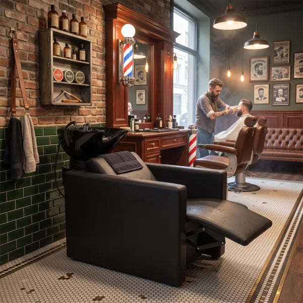 Schwarzes Friseurwaschbecken mit elektrischer Fußstütze im Vintage-Barbershop mit grüner Fliese.