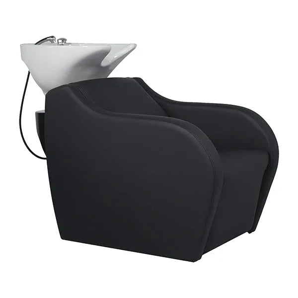 Friseur Waschbecken in Schwarz, Friseurwaschbecken Wisp Power, ergonomisch mit tiefem Kippwaschbecken und hochwertiger Mischbatterie.