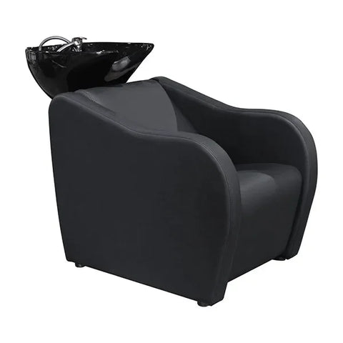 Friseur Waschbecken mit komfortablem Waschsessel in elegantem Schwarz, Friseurwaschbecken Velaris für modernen Salonkomfort.