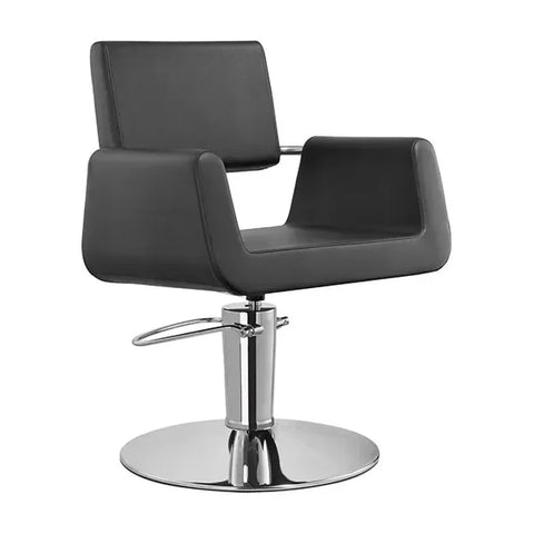 Friseurstuhl in eleganter Schwarz-Farbe, Luxuriöser Friseur stuhl Flame mit rundem Chromfuß und skulpturiertem Rücken.