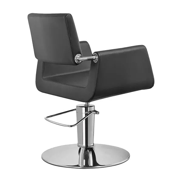 Friseurstuhl in eleganter Schwarz-Farbe, Luxuriöser Friseur stuhl Flame mit rundem Chromfuß und modernem Design.