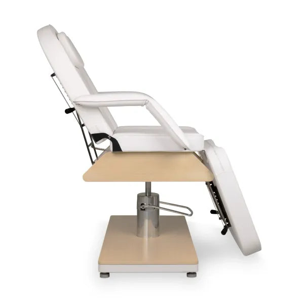 Kosmetikstuhl Gemini: hydraulische Liege in Weiß mit verstellbarer Rückenlehne und Fußteil, robuste Behandlungsliege