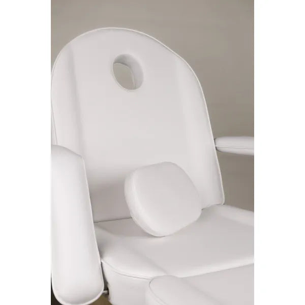 Weiße Hydraulische Kosmetikliege Gemini: verstellbare Rückenlehne, verstellbares Fußteil, PU-Bezug, stabile Bauweise