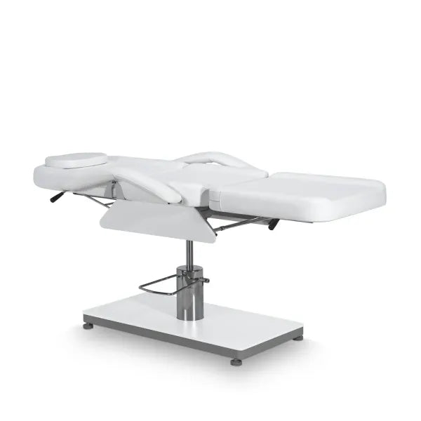 Hydraulische Behandlungsliege mit verstellbarer Rückenlehne, Fußteil, PU-Bezug, 300 kg Tragkraft, abnehmbares Kopfteil.