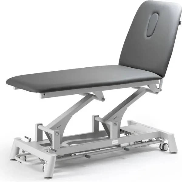 Therapieliege Titan-301 elektrisch mit 1 Motor, Behandlungsliege in Grau, höhenverstellbar mit Rückenlehne und Gaskolben.