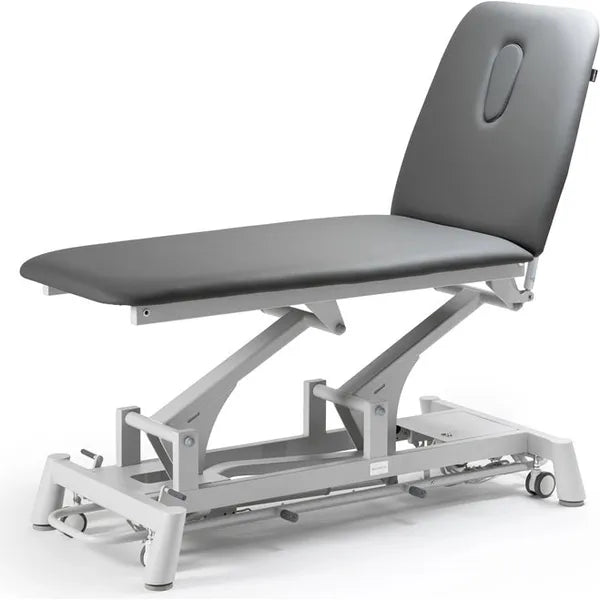 Therapieliege Titan-301 elektrisch mit 1 Motor, Behandlungsliege in Grau, höhenverstellbar mit Rückenlehne und Gaskolben.