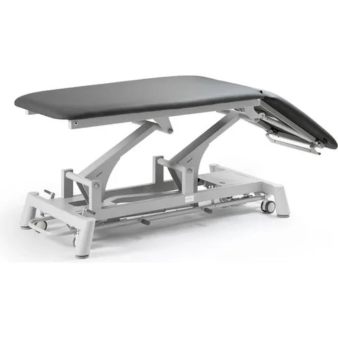 Therapieliege Titan-301 elektrisch mit 1 Motor, Behandlungsliege in Grau, höhenverstellbar und mit Rückenlehne für Massage und Physiotherapie.
