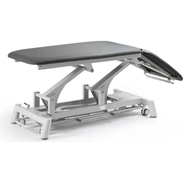 Therapieliege Titan-301 elektrisch mit 1 Motor, Behandlungsliege in Grau, höhenverstellbar und mit Rückenlehne für Massage und Physiotherapie.