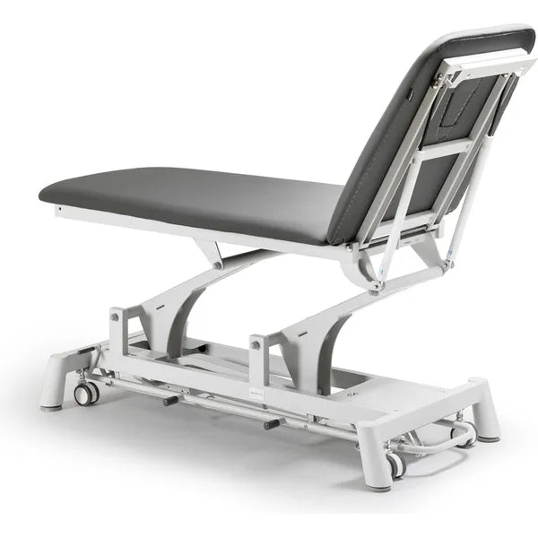 Therapieliege Titan-301 elektrisch mit 1 Motor, Behandlungsliege in Grau, höhenverstellbar, mit Rückenlehne und Gaskolben.