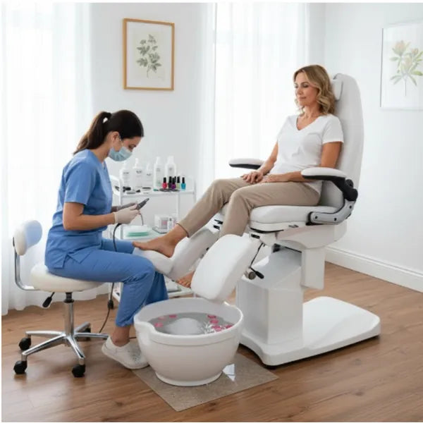 Fußpflegestuhl elektrisch mit 3 Motoren, Pediküre stuhl in Weiß, Podologiestuhl Deneb - Tiptop - Einrichtung