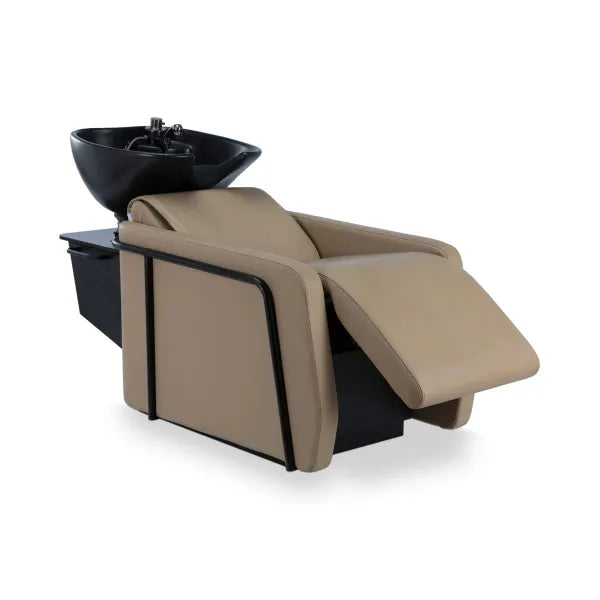 Ergonomisches Friseurwaschbecken mit Motorsteuerung: Schwarzbeige Liege mit Rückwärtswaschschale für maximalen Komfort.