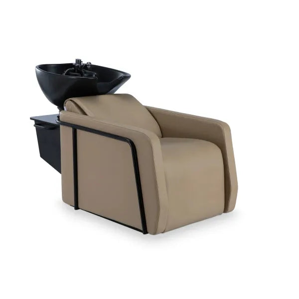 Ergonomisches Friseurwaschbecken in Schwarz mit beigem Polster und Motorsteuerung für höchsten Komfort im Salon.