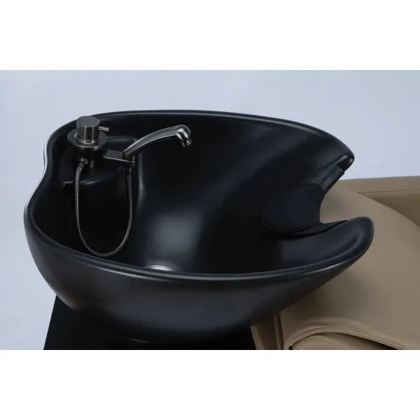 Ergonomisches Friseurwaschbecken in Schwarz mit Motorsteuerung, Rückwärtswaschbecken und ergonomischem Kopfstück für höchsten Komfort.