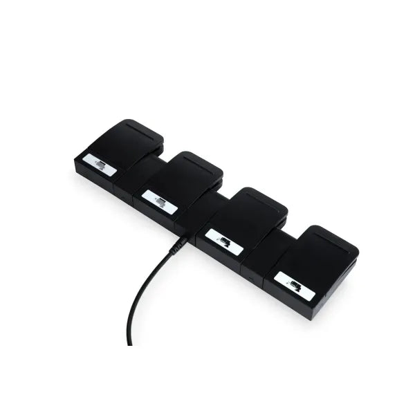 Schwarzes Motorsteuerungspult für Friseurwaschbecken mit vier functionale Knopfstations zur elektrischen Beckensteuerung.