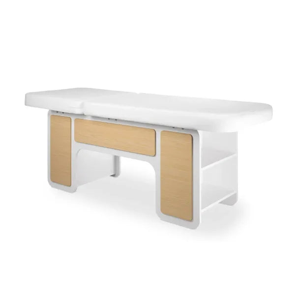 INDUS spa cosmetic couch with hydraulically adjustable backrest in white and oak, with storage shelves.