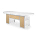 INDUS spa cosmetic couch with hydraulically adjustable backrest in white and oak, with storage shelves.