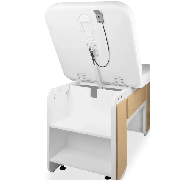 INDUS spa and cosmetic bed with hydraulic backrest, white finish and oak storage compartments.