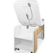 INDUS spa and cosmetic bed with hydraulic backrest, white finish and oak storage compartments.