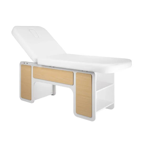 INDUS spa cosmetic bed with hydraulic backrest, white frame and oak storage panels.