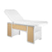 INDUS spa cosmetic bed with hydraulic backrest, white frame and oak storage panels.