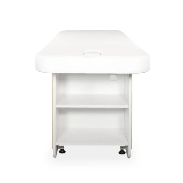 INDUS spa cosmetic bed with hydraulically adjustable backrest and storage shelves, white with oak accents.