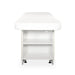 INDUS spa cosmetic bed with hydraulically adjustable backrest and storage shelves, white with oak accents.