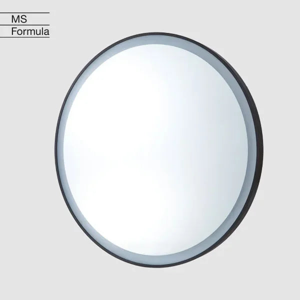 Runder Spiegel mit schwarzem Rahmen und integrierter LED-Beleuchtung.