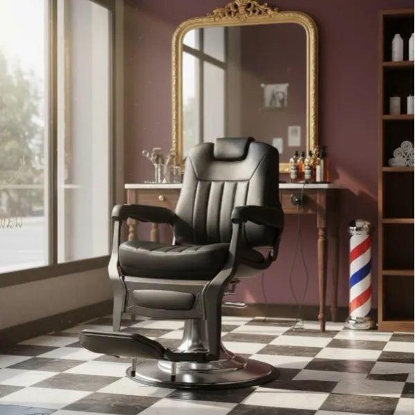 Luxuriöser Barber stuhl Kale-B in Schwarz, ideal für stilvolle Salons und Herrenfriseure, verbindet Eleganz und Funktionalität.